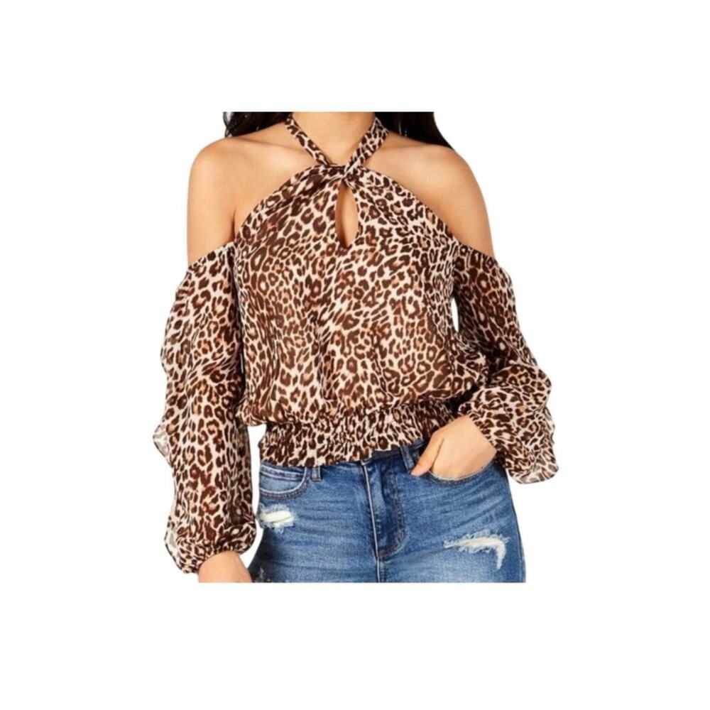 Guess Leopard Print Twist Neck Crop Top S Cold Shoulder Ruffle Sleeve Y2K